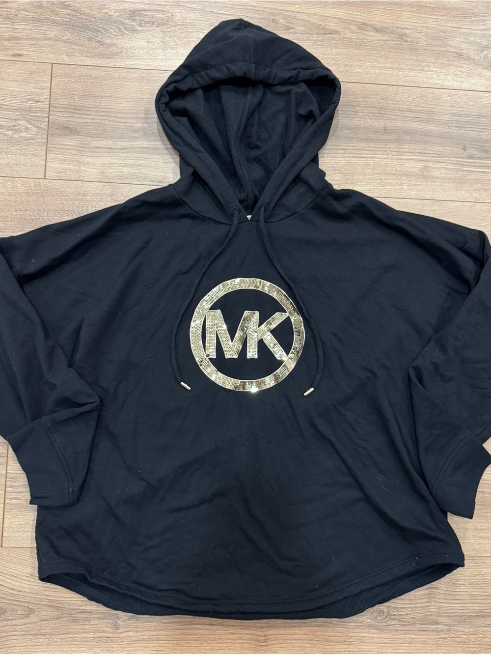 Michael Kors Women XL Black Gold Sequin MK Logo Pullover Hoodie
